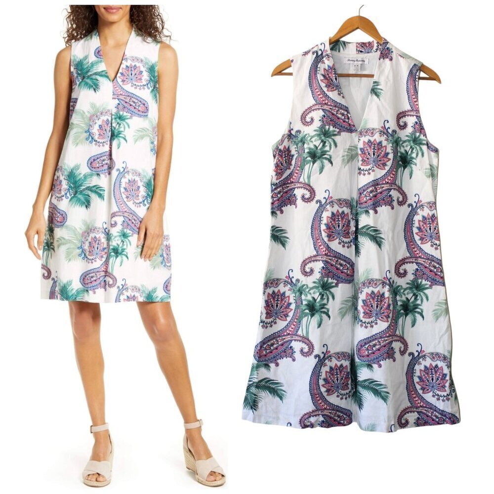Tommy Bahama Paisley Mini Dress Linen blend M sleeveless Palm Tropical Pockets